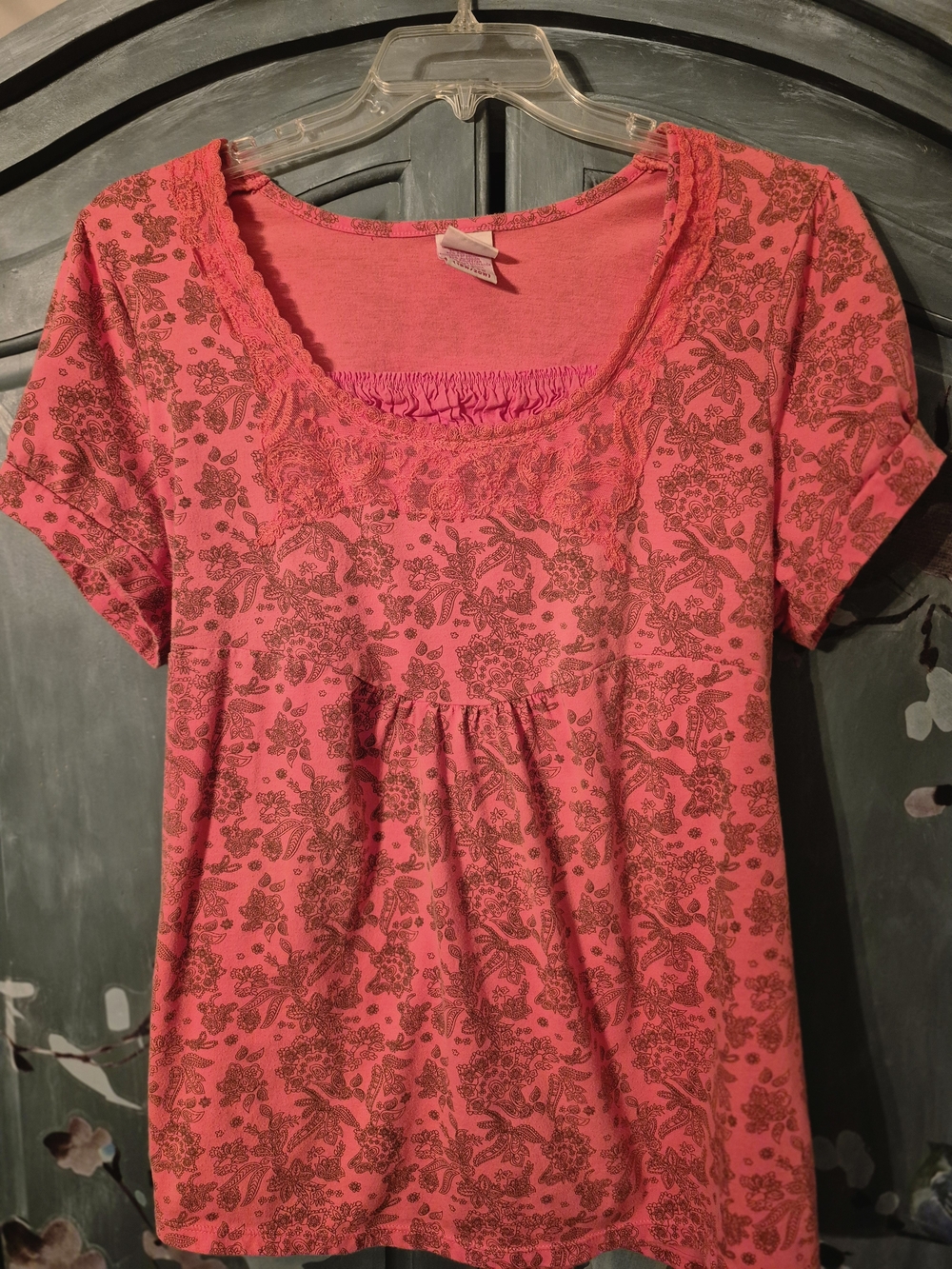 Vintage Faded Glory Coral Orange Floral Scoop-Neck Short Sleeve Tee